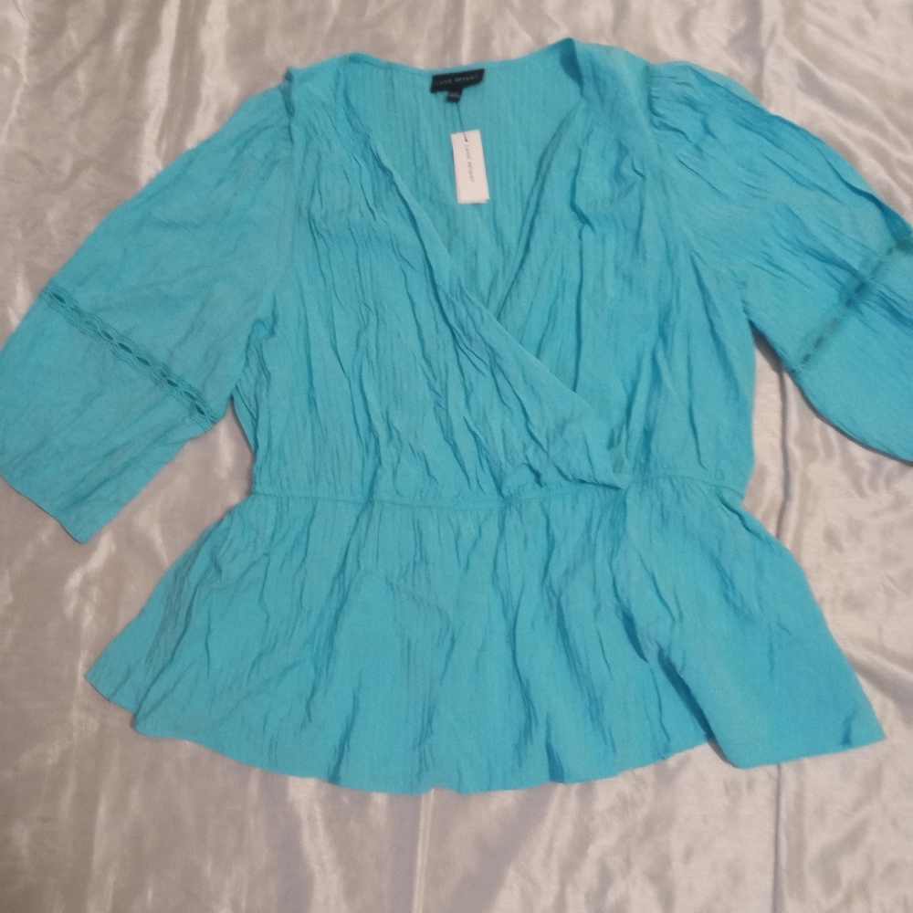 New Lane Bryant Women's Top 1/4 Sleeve Aqua Wrap Blouse Size 28